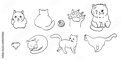 Cute cat outline vector set with different poses, faces and actions. Hand drawn feline illustrations for stickers, coloring pages, children design and pet projects