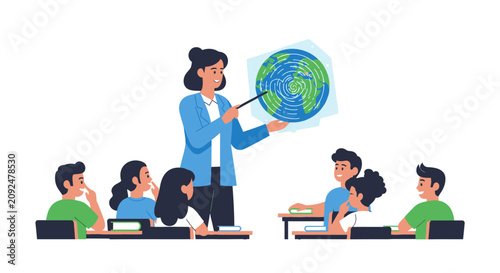 Teacher Explaining Global Environment and Geography to Students in Classroom Vector Illustration