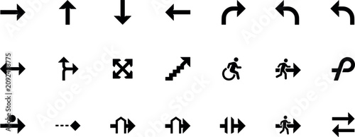 Black universal navigation arrow icon set with accessibility signs public wayfinding symbols emergency exit and wheelchair direction indicators flat vector design