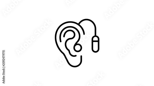 Hearing aid, ear with hearing aid icon, audiology symbol, black line art