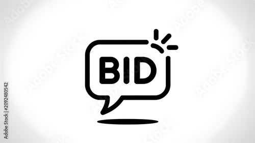 Black and white BID speech bubble icon, auction symbol, chat box logo, vector graphic