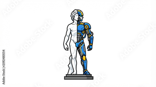 Conceptual illustration featuring a split figure composed of a classic marble sculpture and a modern mechanical robot standing on a pedestal isolated