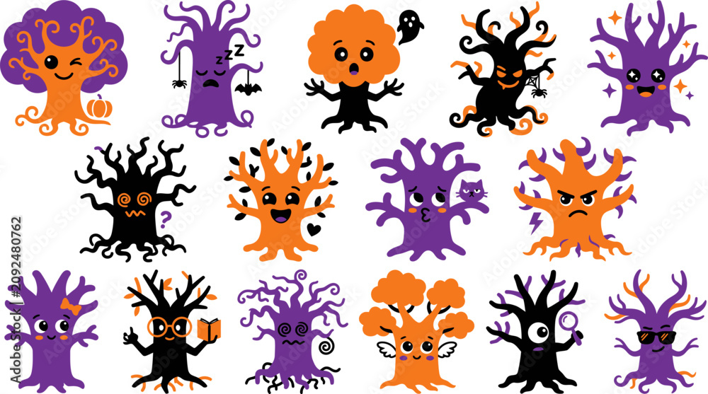 Obraz premium Halloween tree creatures spooky cartoon characters for kids