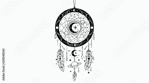Fotografía Celestial Dream Catcher with Moon, Stars, and Saturn Illustration