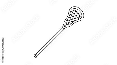 A clean black and white line art vector icon of a lacrosse stick, excellent for sports team logos, athletic event promotions, or fitness app interfaces seeking a hand-crafted look.
