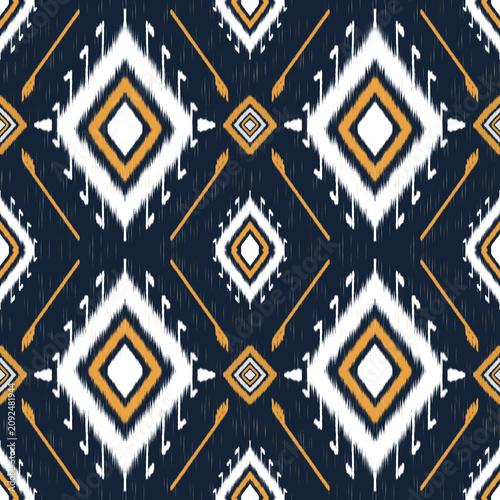 Navy Blue Ikat Diamond Seamless Pattern with Mustard Yellow and White Tribal Textile Design