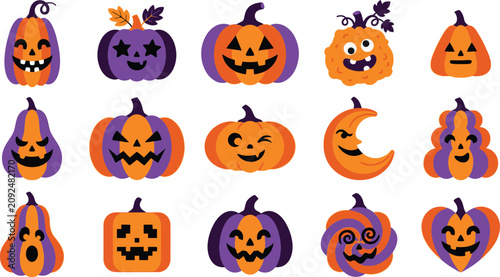 Tableau sur toile Halloween pumpkins and gourds with smiling faces for spooky decorations