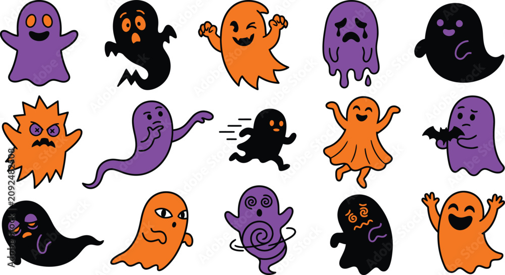 Fototapeta premium Cute halloween ghosts and monsters vector illustration set for spooky season designs