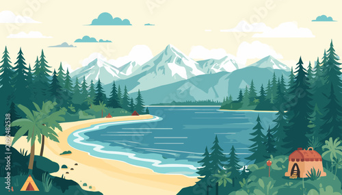 Cuadro en lienzo Serene mountain lake landscape with a sandy beach, lush green pine forests, and a clear blue sky with scattered clouds