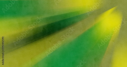 Abstract geometric background with diagonal green and yellow stripes and watercolor paper texture. Creative minimalist graphic pattern
