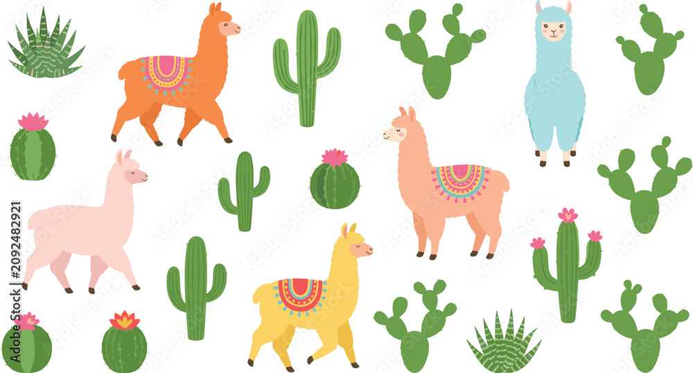 Fototapeta premium Cute alpaca and llama vector illustration seamless pattern element set with desert cactus succulent plants isolated on white background.