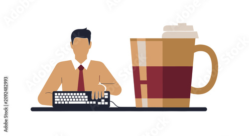 Businessman Working at Desk with Giant Coffee Cup Illustration - Caffeine Energy and Productivity Concept
