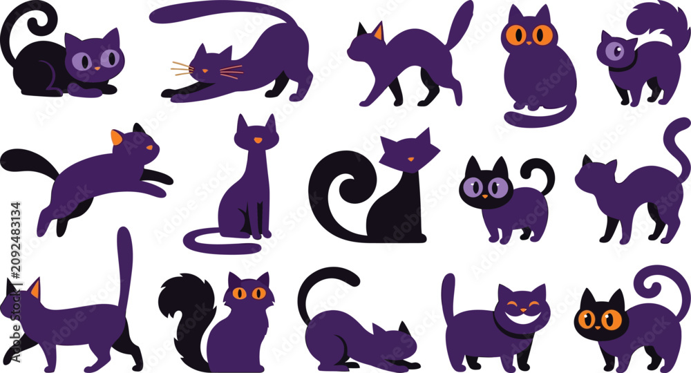Obraz premium Cute Black Cat Vector Clipart Set