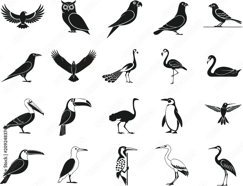 Fototapeta premium 20 Birds Silhouette Vector Icons Bundle - Black and White Flying and Wild Bird Collection Isolated on White Background