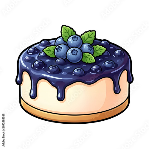 Cute blueberry cheesecake with dripping jam cartoon vector illustration isolated on white