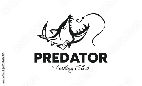 black and white logo of a goliath tigerfish or predatory fish aggressively open mouth pose to bite a hook for fishing logo design or illustration.