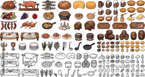 Bild auf Leinwand Medieval fantasy tavern food and RPG pixel art game item assets collection featu