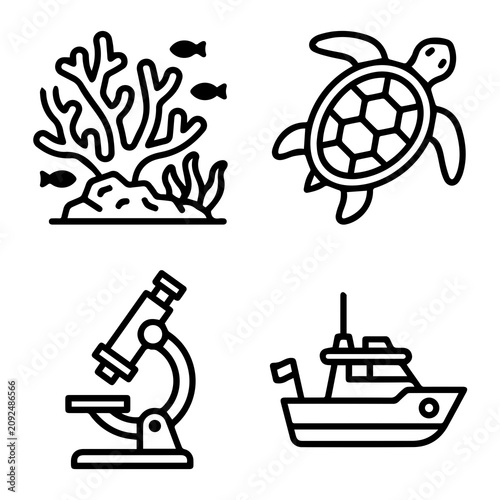 Photography Marine science and oceanography research icons with oceanography, microscope
