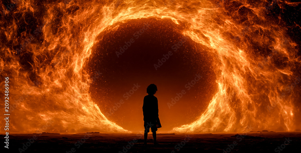 Fototapeta premium silhouette facing a giant ring of swirling golden sparks creates an epic cinematic visual symbolizing power, mystery, and confrontation with the unknown.