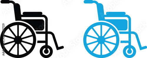 Wheelchair medical icon vector set featuring black and blue handicap disability symbols for healthcare and accessibility signage