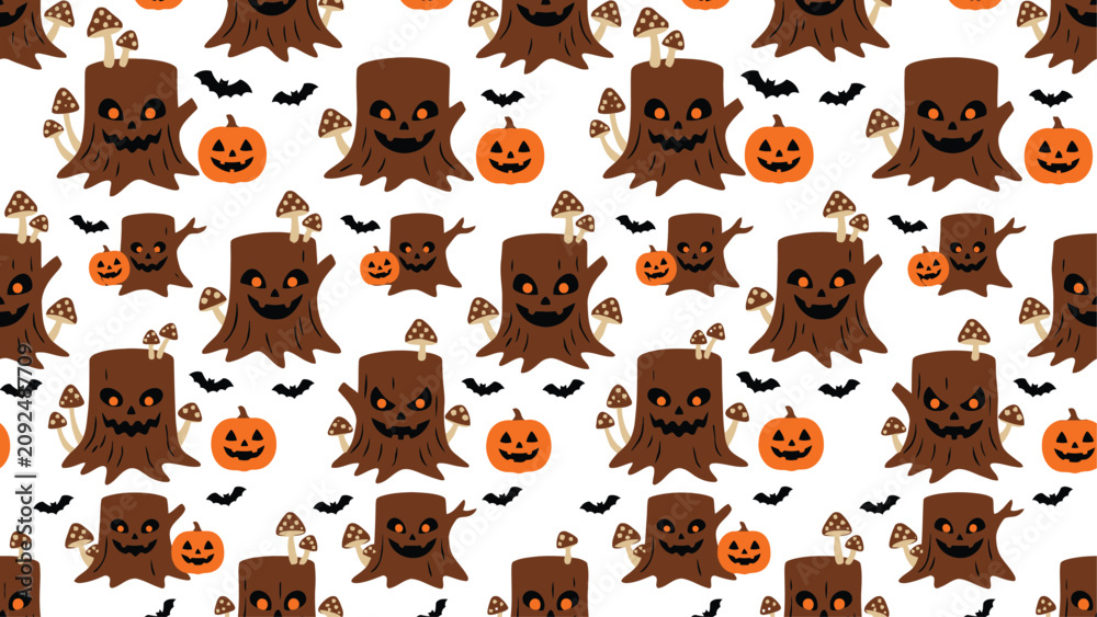 Fototapeta premium Seamless Halloween Pattern with Spooky Tree Stumps, Carved Jack-o'-Lanterns, Flying Bats, and Mushrooms on White Background, Perfect for Festive Designs. Flat vector illustration EPS 10.