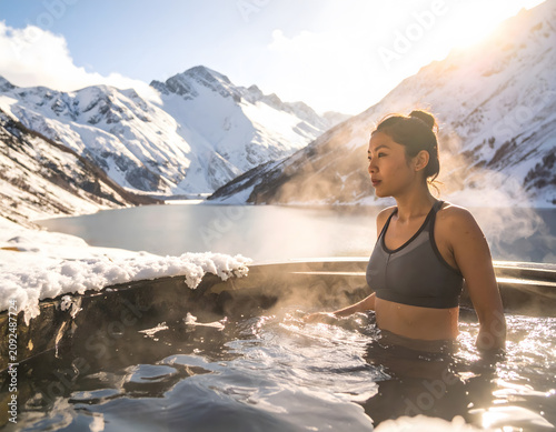 Cold-Plunge Wellness Ritual: Serene athlete woman enjoys cold plunge recovery routine in mountain snow water, focusing mind and body during peaceful winter wellness therapy