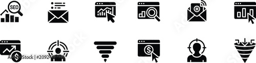 Search engine optimization and data analytics black icon set for digital marketing and business growth.