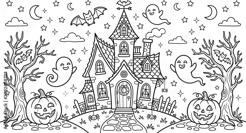 Naklejka premium Halloween coloring page with spooky house and friends