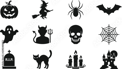 Halloween icon set spooky silhouettes for seasonal designs and festive decorations