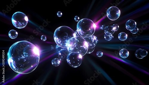 Floating transparent bubbles suspended in darkness with glowing lens flares and vibrant light trails.