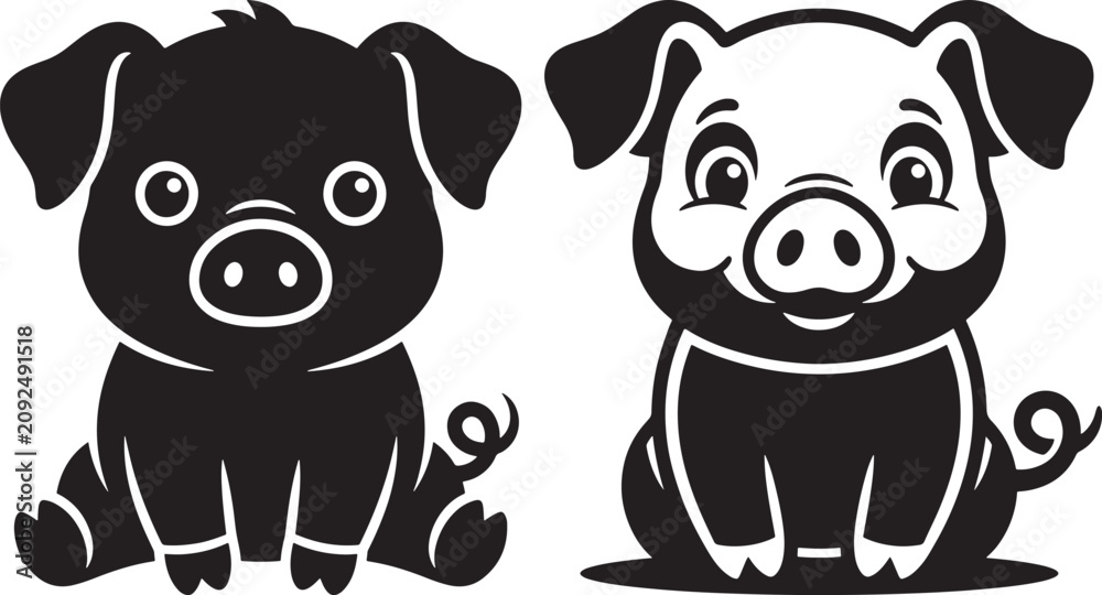 Obraz premium Cute cartoon piglet silhouette black vector graphics on white background with silhouette illustration isolated character domestic