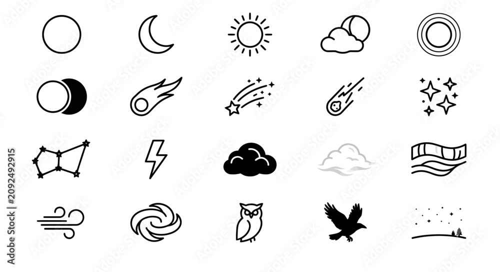 Obraz premium Minimalist Black and White Weather and Space Icon Set with Astronomy Symbols