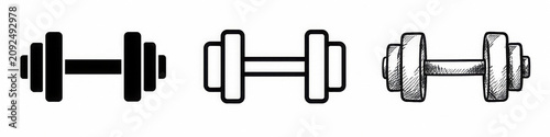 Gym dumbbell weight icon set, solid, outline, and sketch style