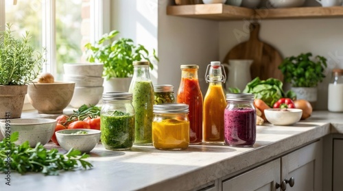 Assorted fresh fruit smoothies and juices in glass jars.