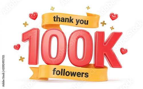 3 d red 100 k text with yellow thank you followers ribbons and hearts
