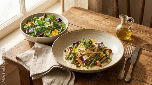 Healthy vegetable pasta and fresh salad on wooden table.