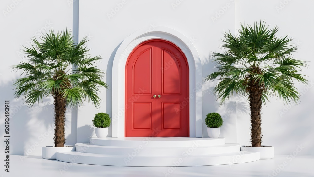 Fototapeta premium Red arched double door with potted palm trees on white steps