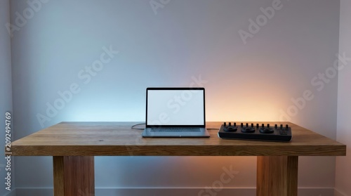 Laptop and audio controller on wooden desk in studio.