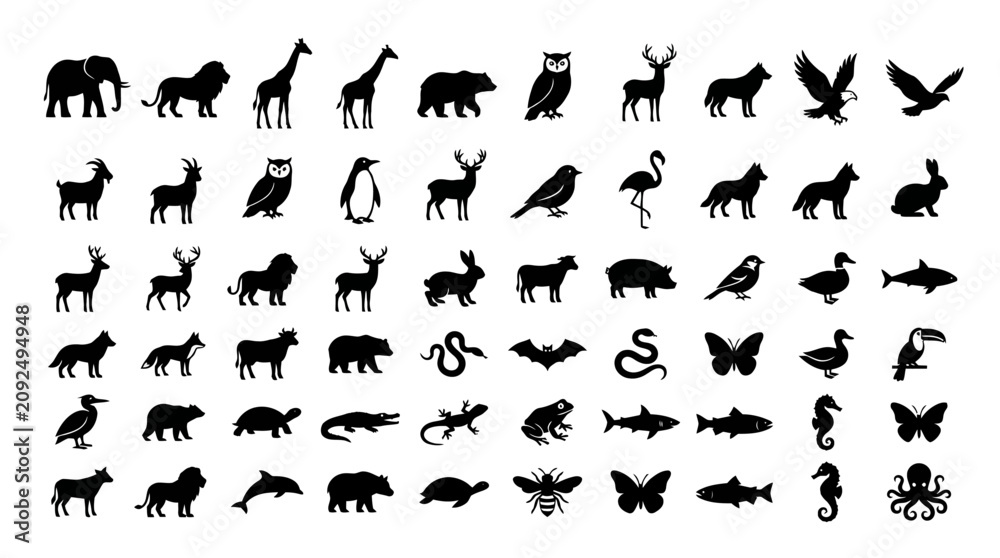Fototapeta premium Set of various wild and domestic animal silhouettes isolated on white background.