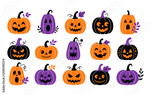Canvas Print Cute Halloween wallpaper, spider and themed pattern with pumpkins on white backg