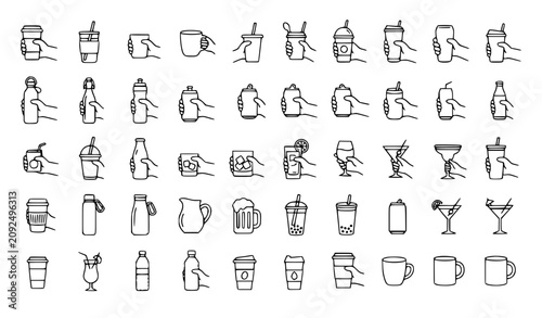 Hands Holding Beverage Line Art Icons Coffee Water Bottle Soda and Drink Vector Collection