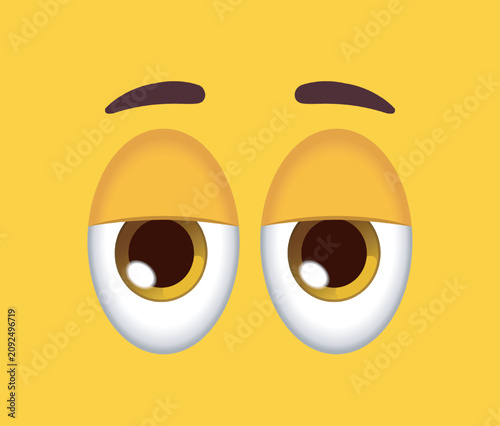 Fotografie Close-up emoji eyes with raised eyebrows and half-closed eyelids showing boredom, skepticism or annoyance on yellow background