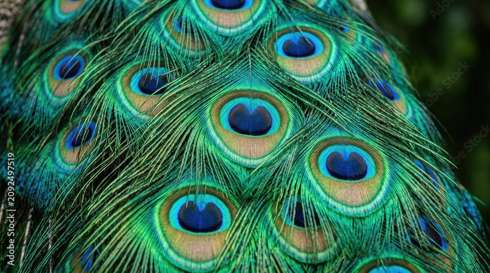 Fototapeta premium Close up of vibrant blue and green peacock feathers with eye patterns