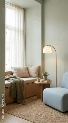 Minimalist living room with window seat and lamp.