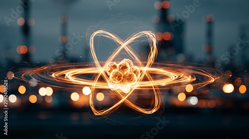 Conceptual illustration of a glowing atomic nucleus surrounded by energy waves and an industrial background, symbolizing scientific innovation and nuclear technology