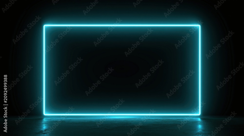 Fototapeta premium Neon glowing rectangular frame with dark background and reflections