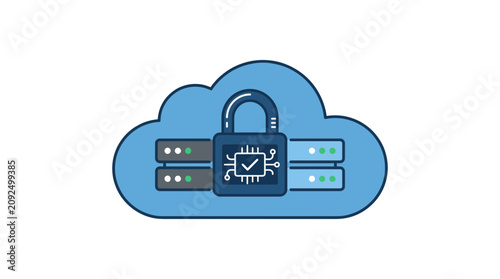A cloud icon with a padlock and servers symbolizes secure cloud computing and data protection.
