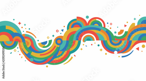 A colorful abstract wave pattern of geometric shapes and curves flows across the image.