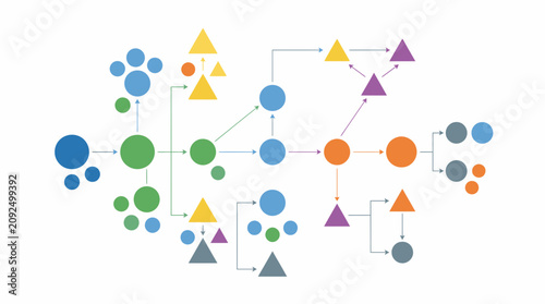 A colorful flowchart diagram illustrates a complex network of interconnected circles and triangles with arrows indicating direction.