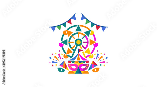 A colorful abstract illustration depicts a Ferris wheel, carnival mask, and festive bunting, evoking a sense of celebration and fun.